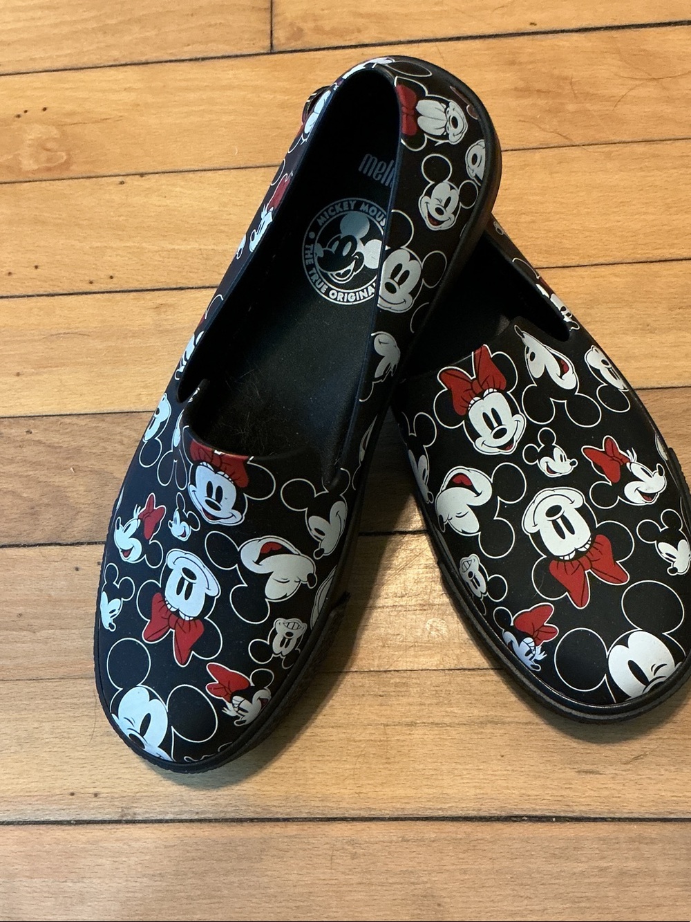 Melissa Black Mickey and Minnie Mouse Slip-On Flats with Red Accents